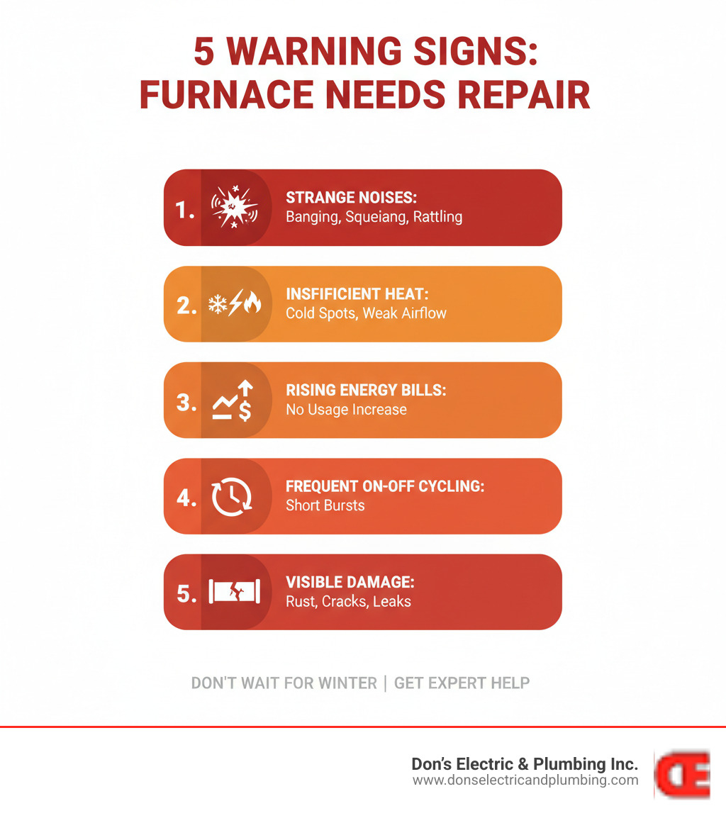 Infographic showing 5 warning signs your furnace needs immediate repair: strange noises like banging or squealing, insufficient heat or cold spots in home, rising energy bills without increased usage, frequent on-off cycling, and visible signs like rust or cracks around the unit - best furnace repair cobleskill infographic 