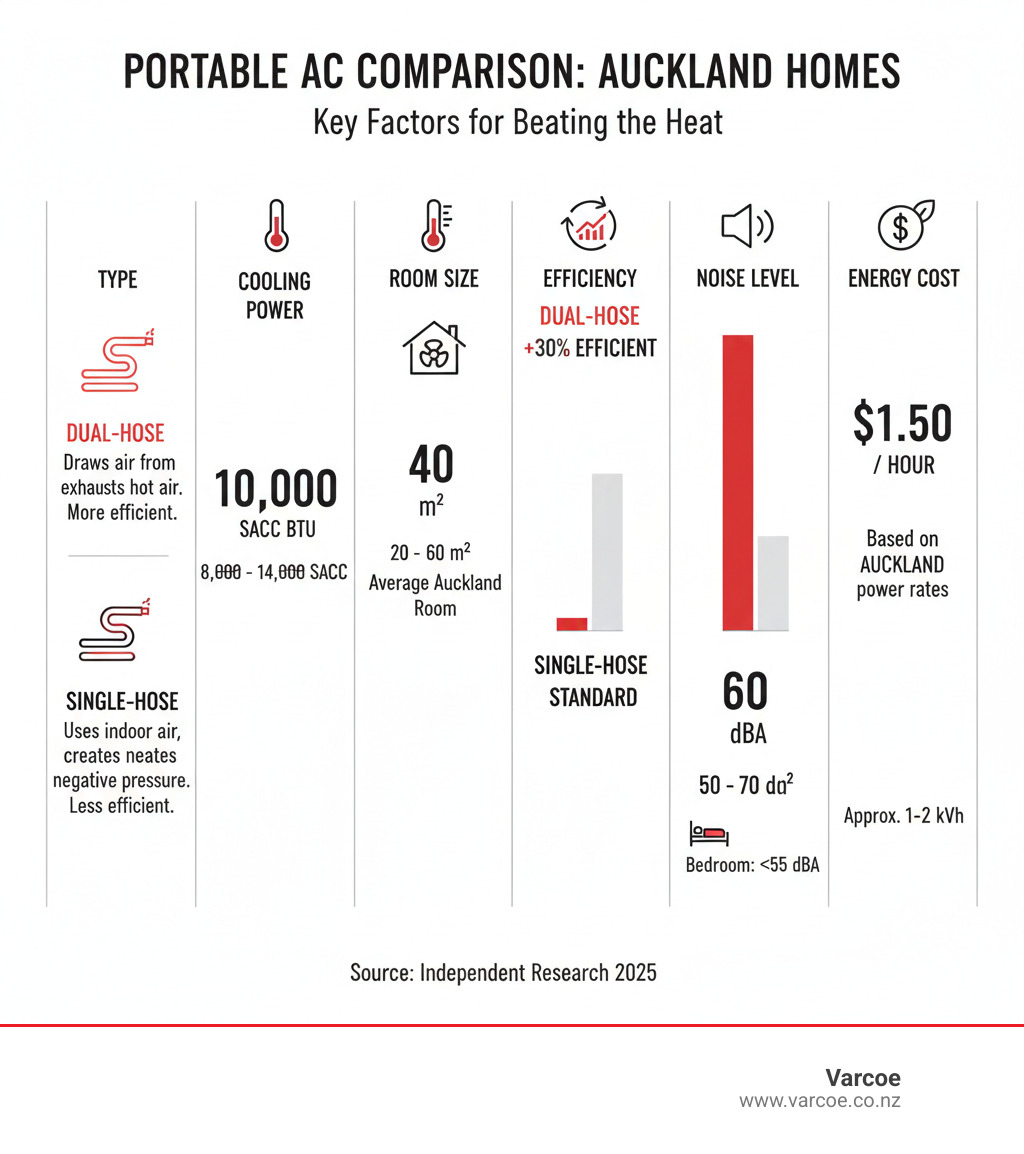 Detailed comparison infographic showing portable air conditioner types, SACC ratings, room size coverage in square metres, dual-hose vs single-hose efficiency, noise levels in decibels, and energy consumption costs for Auckland homes - best portable air conditioning units infographic 