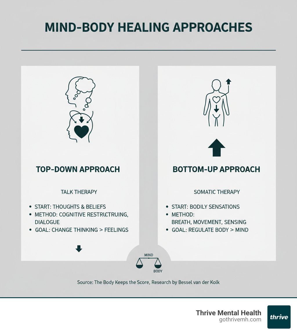 infographic explaining the difference between top-down (talk therapy) and bottom-up (somatic therapy) approaches - somatic therapy evidence based infographic 