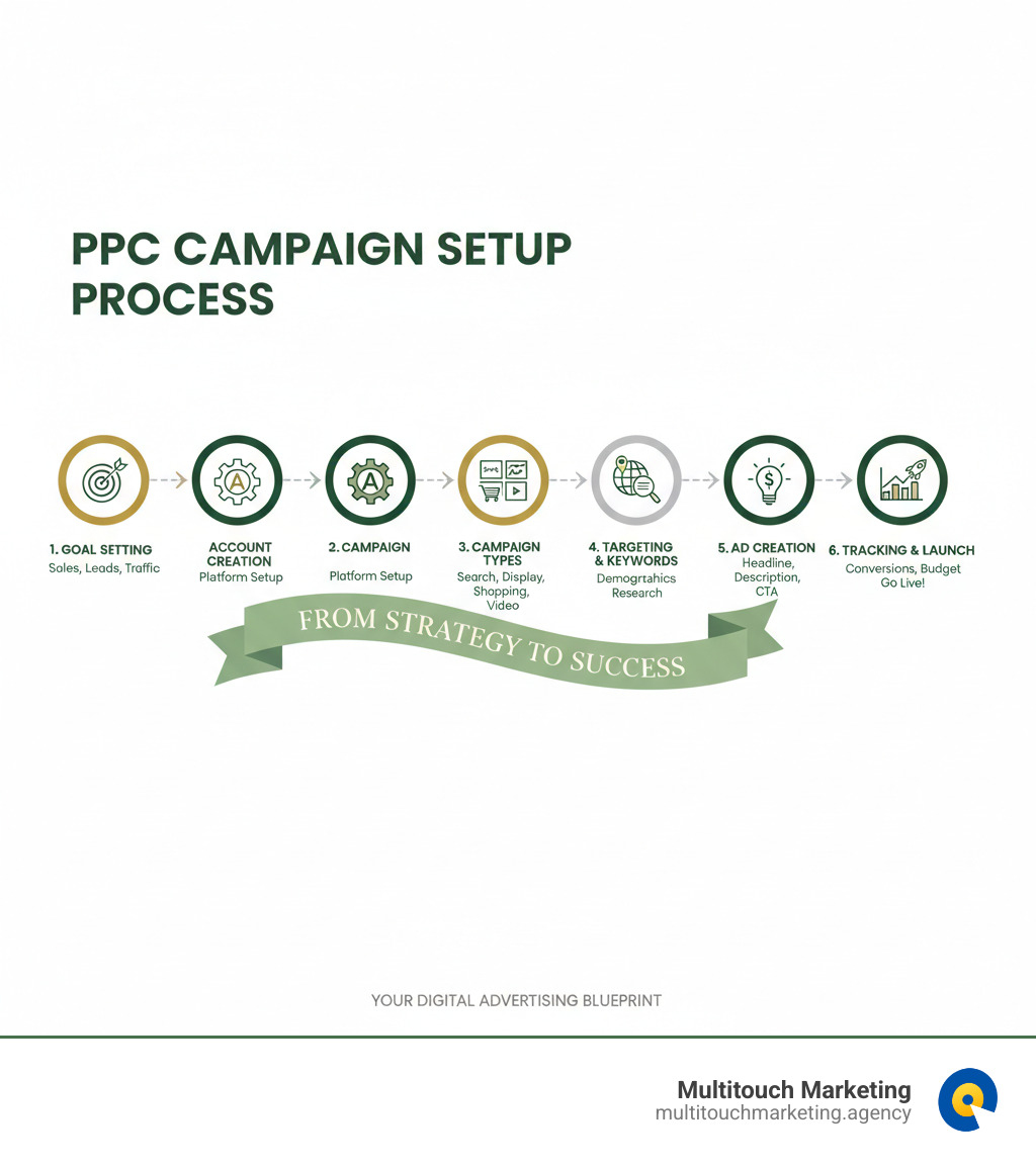 Detailed infographic showing the complete PPC campaign setup process from goal setting through launch, including account creation, campaign types selection, targeting configuration, keyword research, ad creation, and conversion tracking implementation - PPC campaign setup infographic 