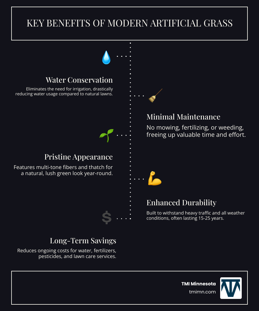 Comprehensive comparison infographic showing modern artificial grass benefits including water savings, maintenance reduction, durability features, realistic appearance with multi-tone fibers and thatch layers, UV protection, 15-25 year lifespan, and cost savings over time compared to natural grass - modern artificial grass infographic infographic-line-5-steps-dark Comprehensive comparison infographic showing modern artificial grass benefits including water savings, maintenance reduction, durability features, realistic appearance with multi-tone fibers and thatch layers, UV protection, 15-25 year lifespan, and cost savings over time compared to natural grass - modern artificial grass infographic infographic-line-5-steps-dark