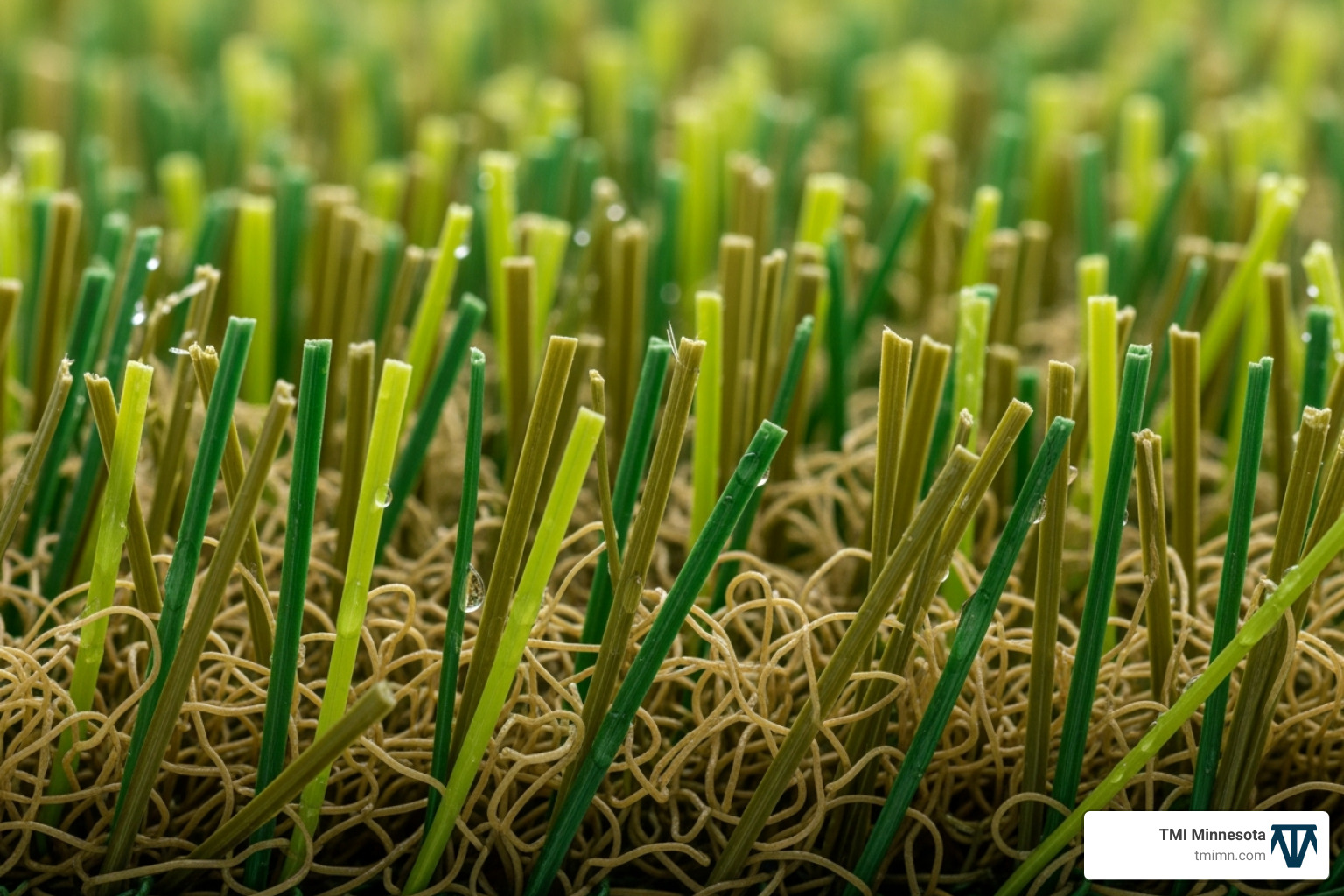 Close-up of artificial grass blades showing multi-toned green and brown thatch layer - modern artificial grass Close-up of artificial grass blades showing multi-toned green and brown thatch layer - modern artificial grass