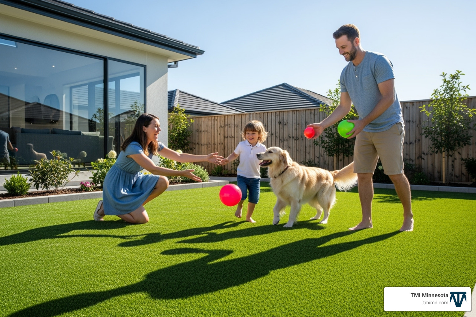 A happy family, including a child and a dog, playing on a lush, green artificial lawn - modern artificial grass A happy family, including a child and a dog, playing on a lush, green artificial lawn - modern artificial grass