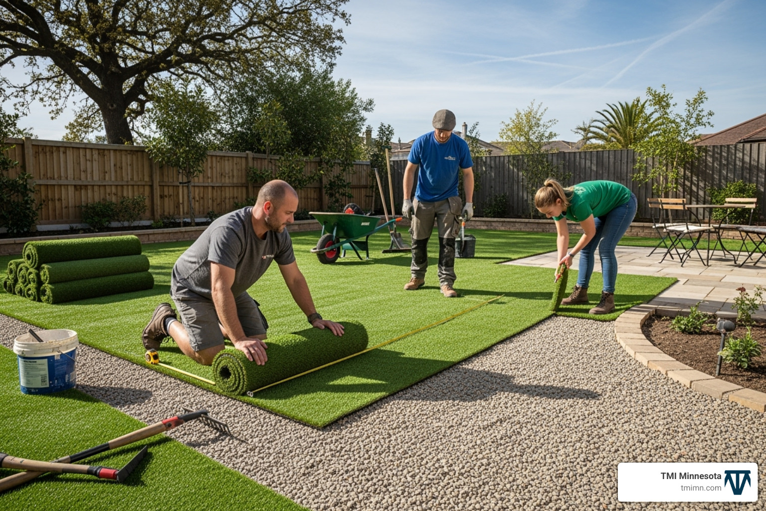 Professional landscapers installing a large roll of artificial turf in a residential backyard - modern artificial grass Professional landscapers installing a large roll of artificial turf in a residential backyard - modern artificial grass