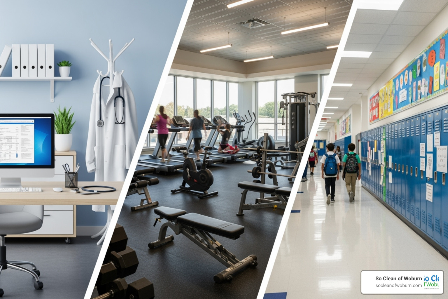 Collage showing different commercial facilities like a medical office, a gym, and a school hallway - Commercial janitorial services MA