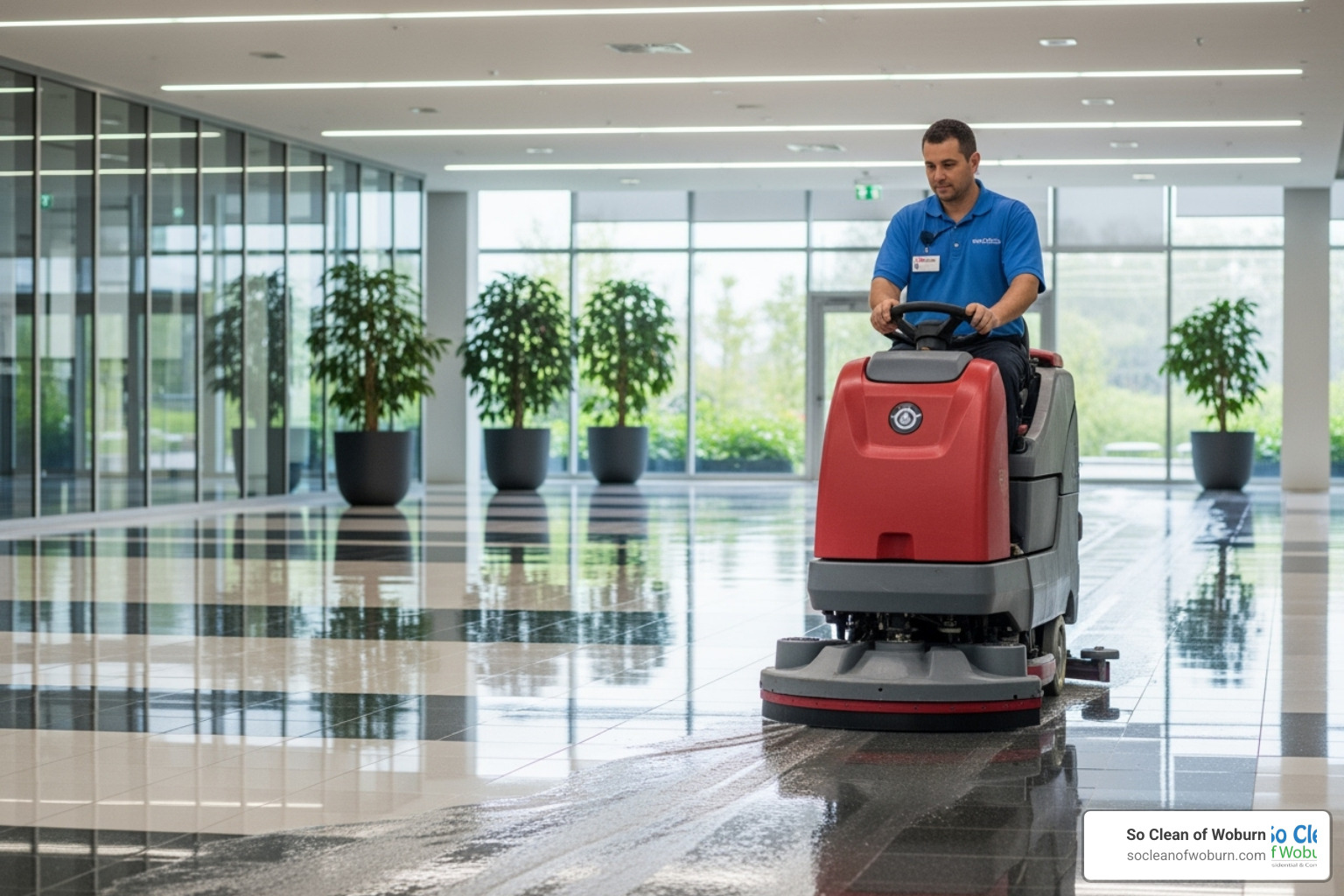 Janitorial worker cleaning a commercial floor with modern equipment - Commercial janitorial services MA