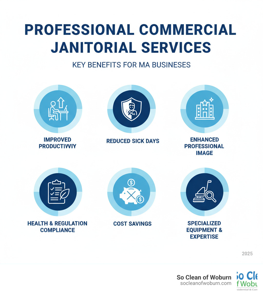 Infographic showing the key benefits of professional commercial janitorial services including improved employee productivity, reduced sick days, improved professional image, compliance with health regulations, cost savings compared to in-house cleaning, and specialized equipment and expertise - Commercial janitorial services MA infographic 