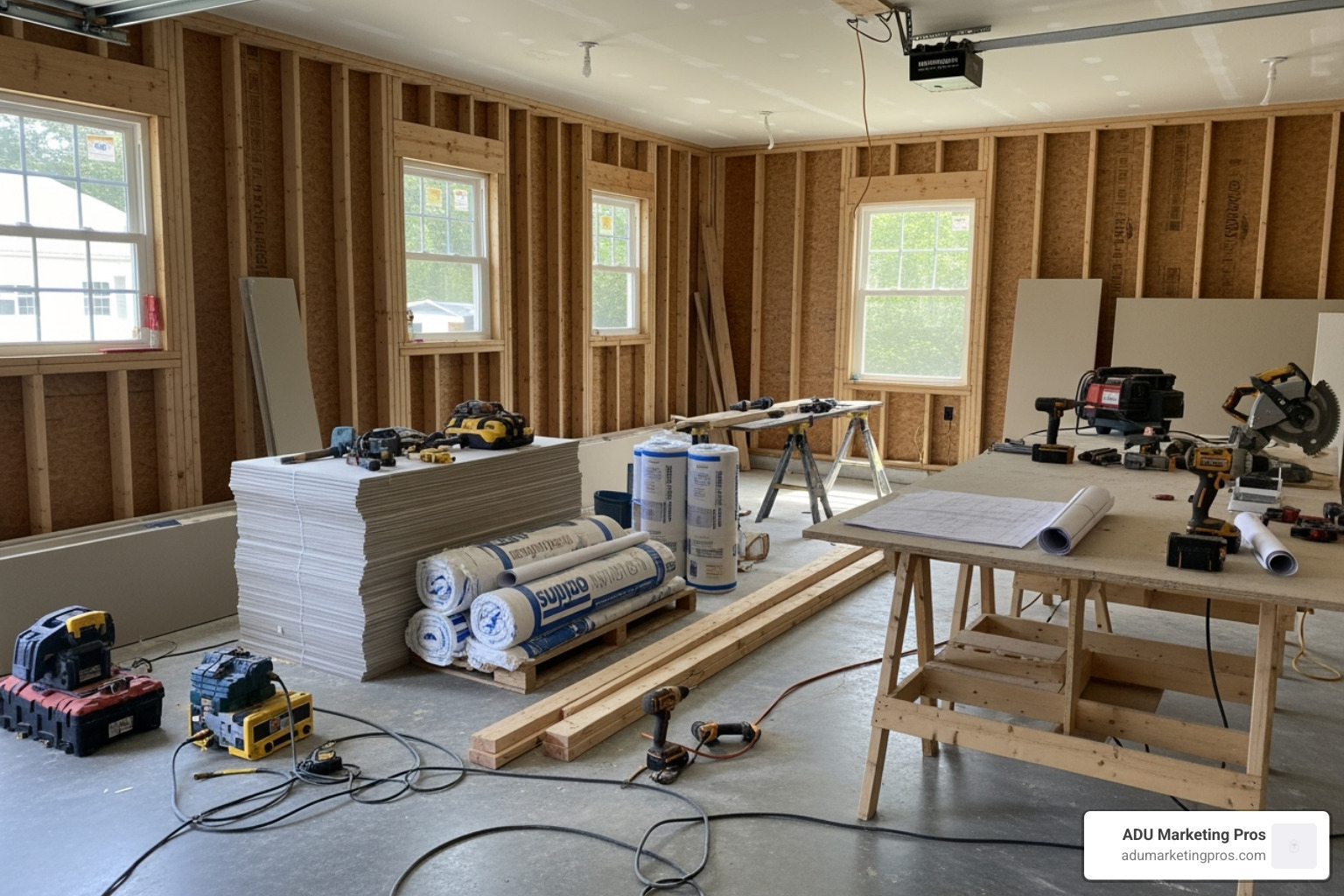 garage mid-conversion, showing exposed wall framing and new window cutouts - turning a garage into a bedroom garage mid-conversion, showing exposed wall framing and new window cutouts - turning a garage into a bedroom
