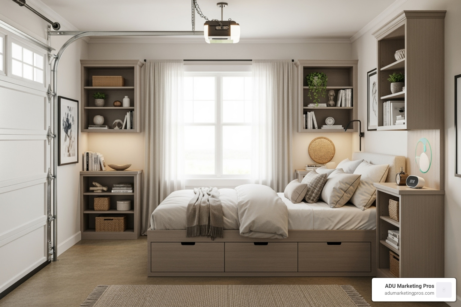 beautifully decorated converted garage bedroom showcasing smart storage solutions like a platform bed with drawers and built-in shelving - turning a garage into a bedroom beautifully decorated converted garage bedroom showcasing smart storage solutions like a platform bed with drawers and built-in shelving - turning a garage into a bedroom