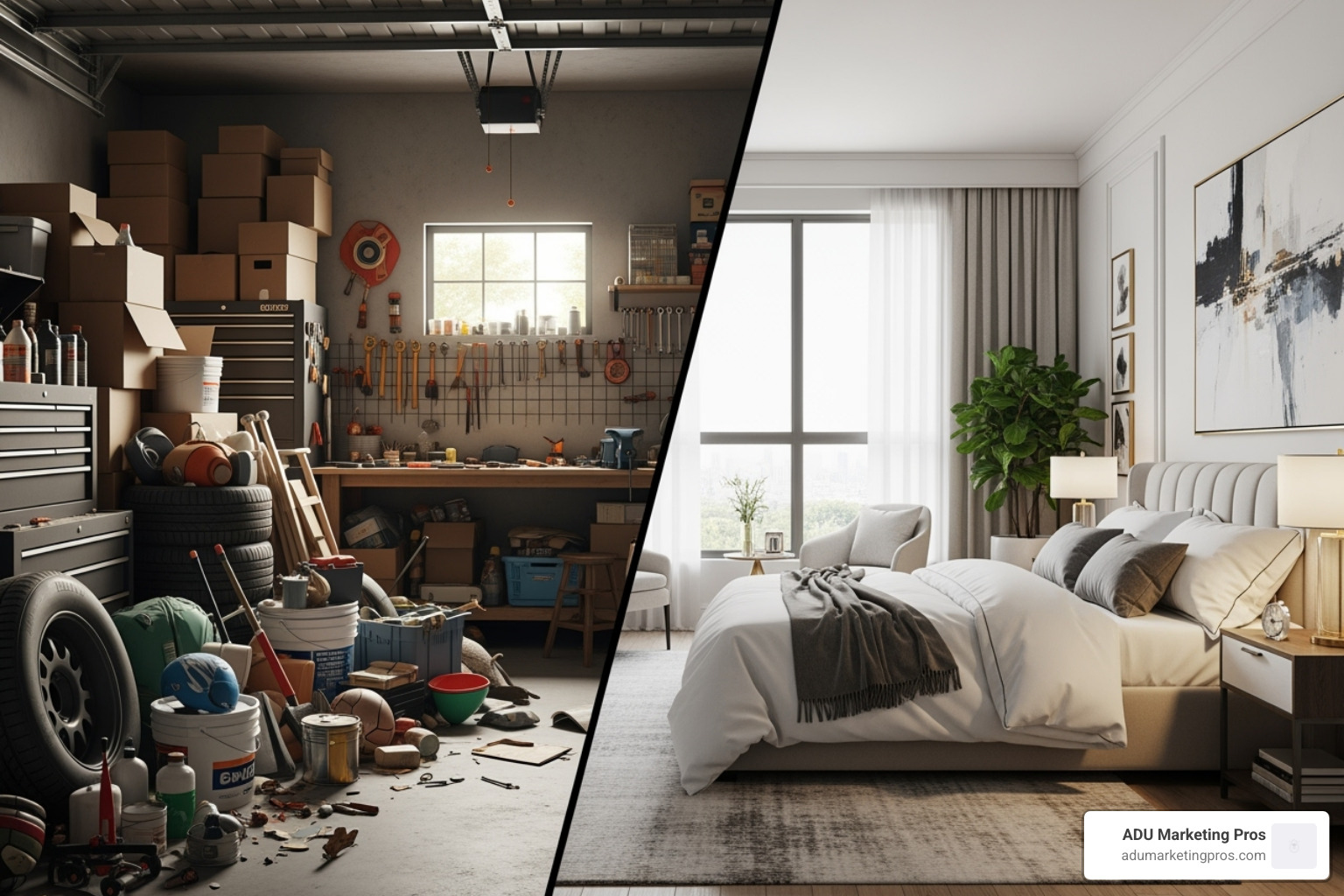 split-screen showing a cluttered, messy garage on one side and a clean, inviting bedroom on the other - turning a garage into a bedroom split-screen showing a cluttered, messy garage on one side and a clean, inviting bedroom on the other - turning a garage into a bedroom