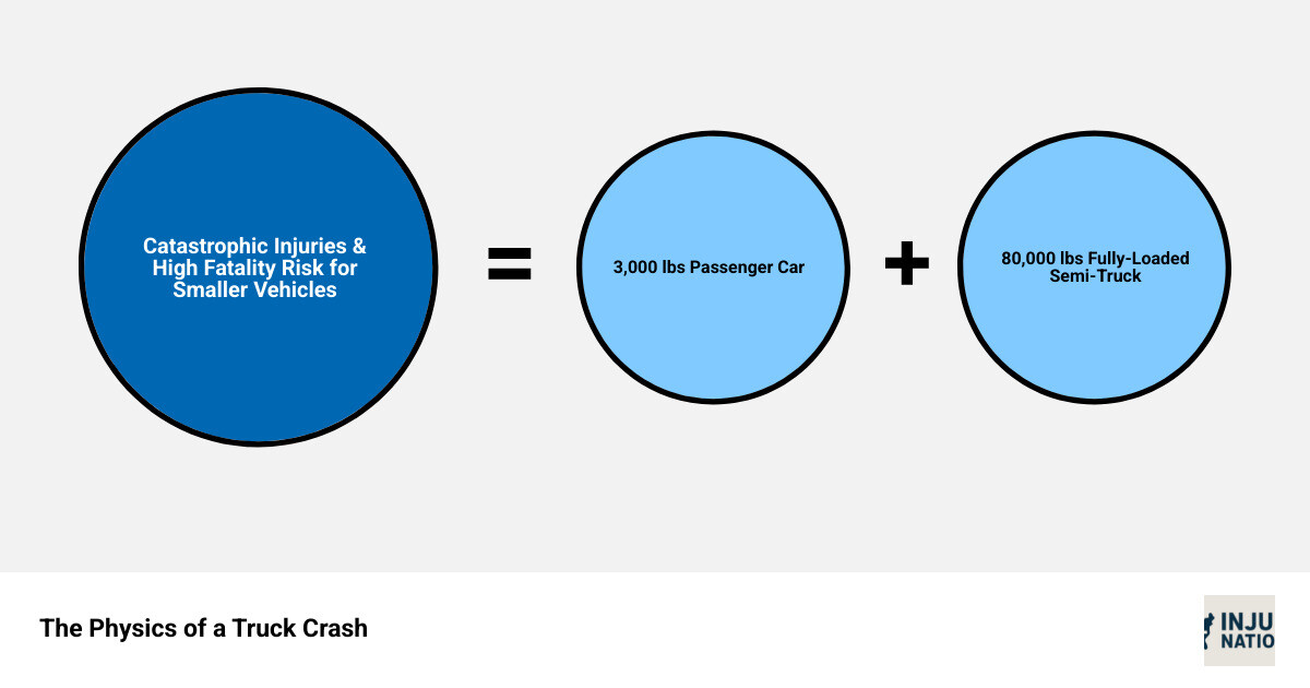 Infographic showing the massive weight difference between a 3,000-pound passenger car and an 80,000-pound fully-loaded semi-truck, with visual representation of stopping distances and impact force calculations - semi truck accident lawyer infographic sum_of_parts