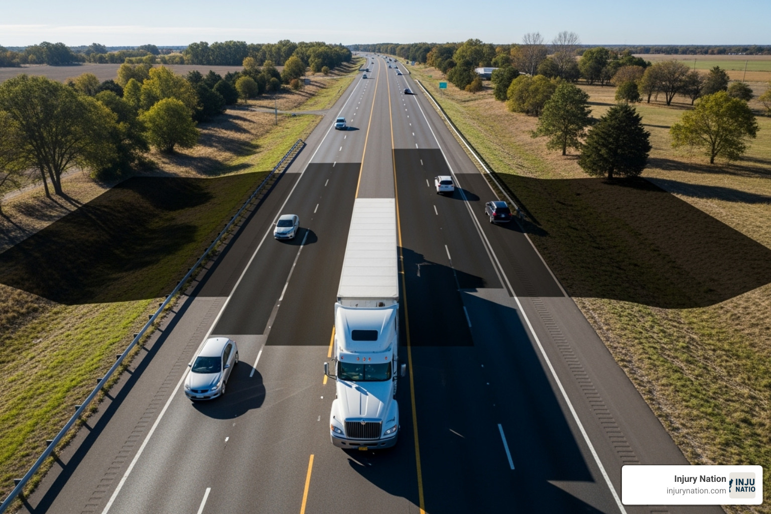 diagram showing the large blind spots (no-zones) around a semi-truck - semi truck accident lawyer