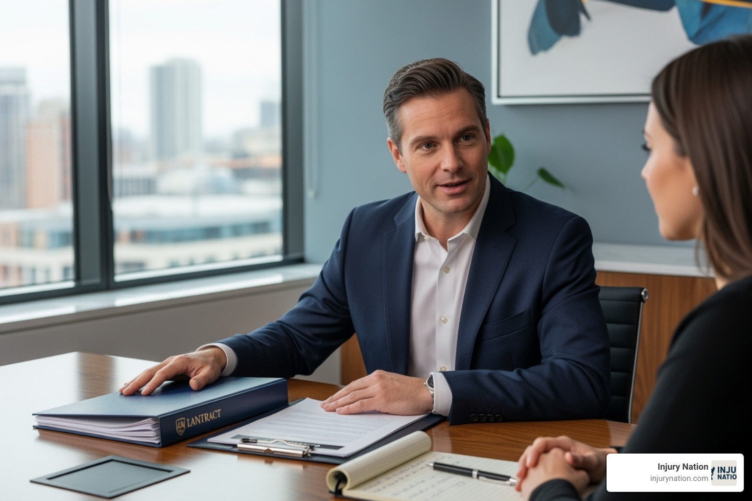 lawyer confidently speaking in a consultation setting - semi truck accident lawyer