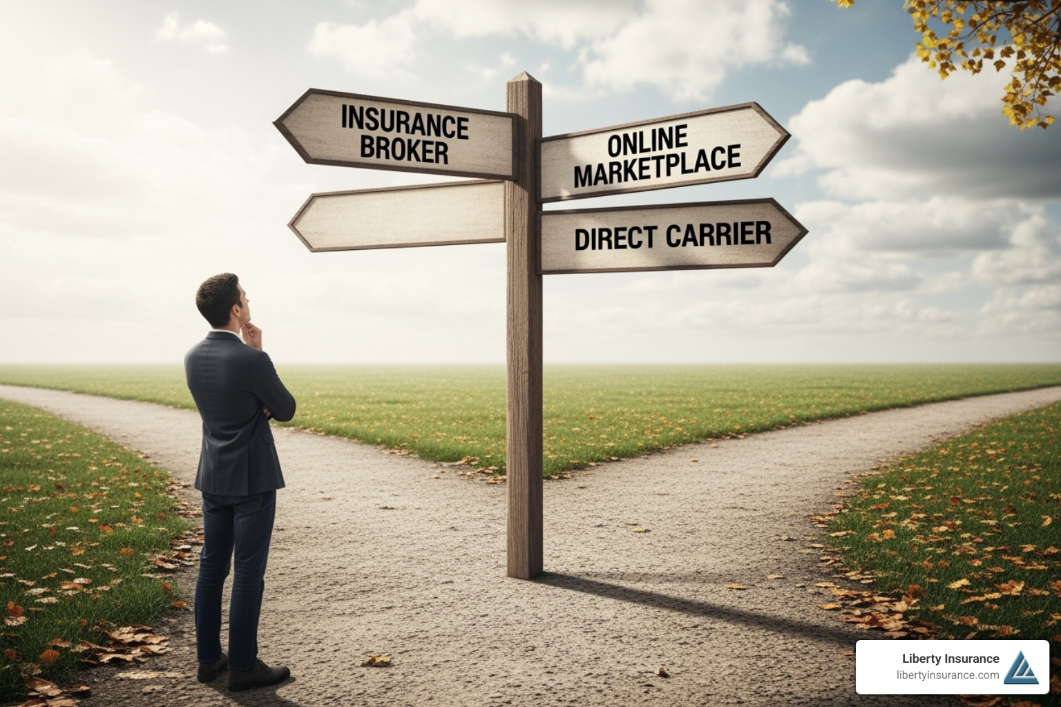 person at crossroads pointing to broker, marketplace, direct carrier - Find group health insurance