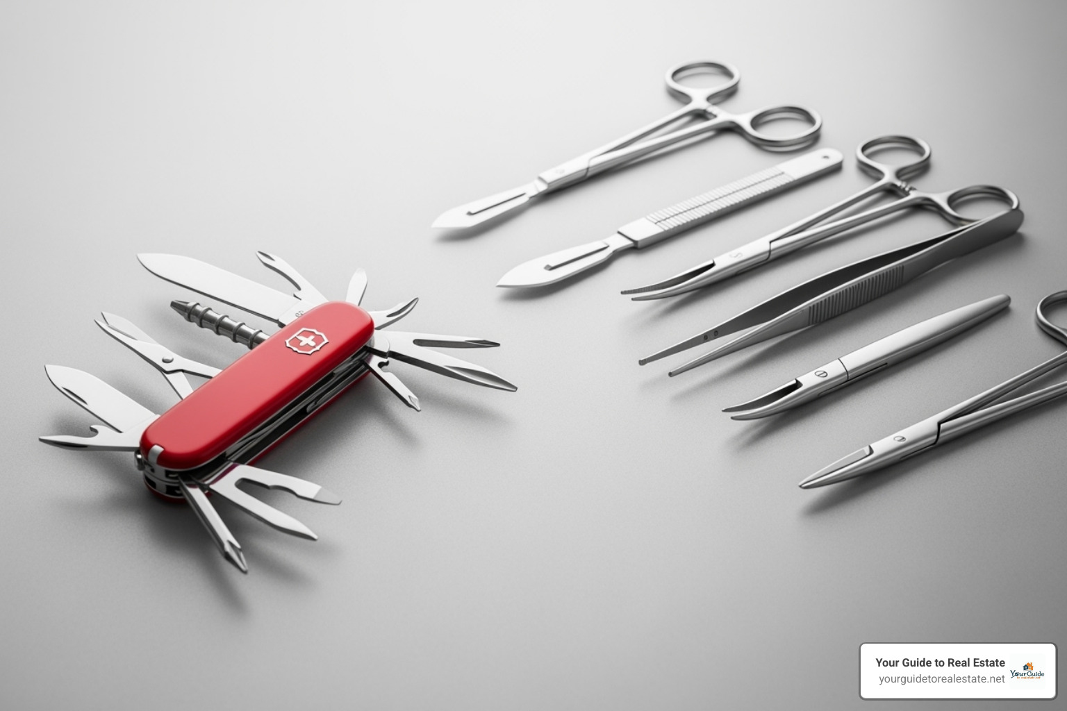 A Swiss Army knife contrasted with a set of specialized surgical tools, symbolizing all-in-one vs. specialized tools - competitors tools