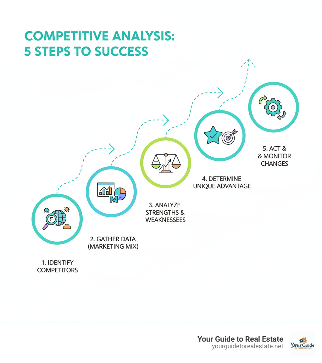 Infographic showing the 5 steps of competitive analysis: 1. Identify direct and indirect competitors, 2. Gather information using marketing mix and positioning data, 3. Analyze competitor strengths and weaknesses with ranking systems, 4. Determine your competitive advantage and unique selling points, 5. Act on insights by adjusting strategy and monitoring changes - competitors tools infographic 