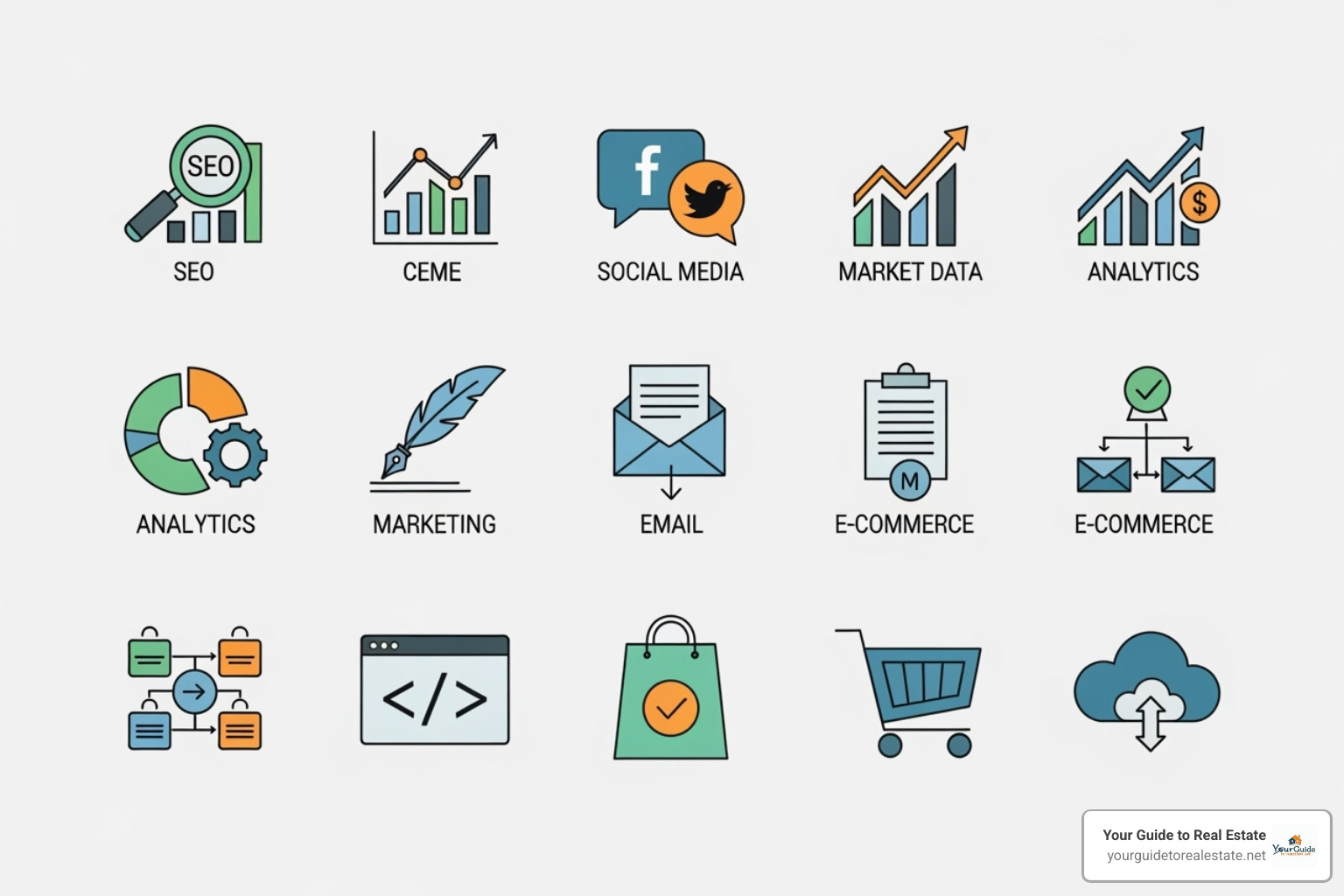 Icons representing different tool categories like SEO, Social Media, and Market Data - competitors tools
