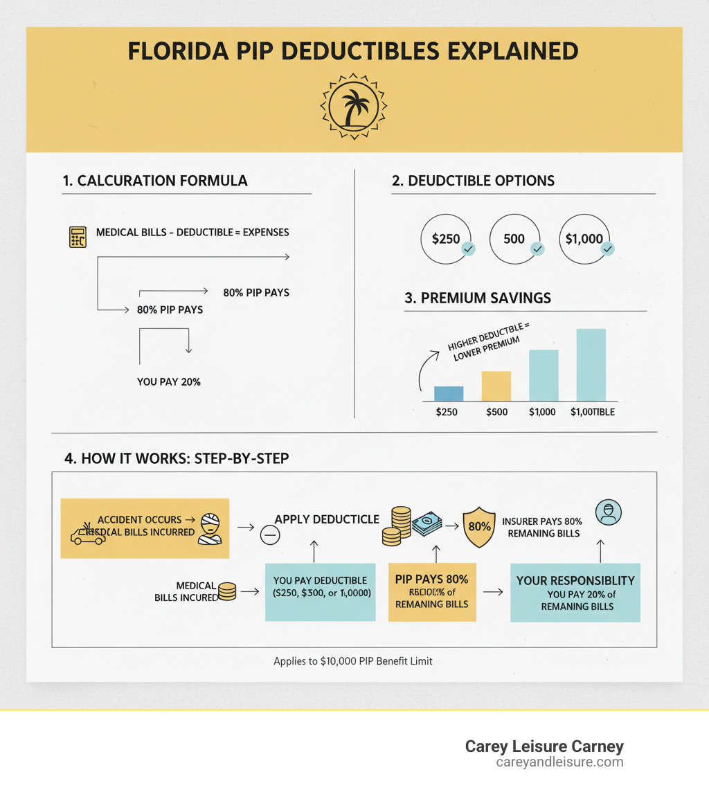 Detailed infographic showing how PIP deductibles work in Florida, including the calculation formula, deductible amounts of $250, $500, and $1,000, premium savings comparison, and step-by-step breakdown of how deductibles are applied before the 80% PIP payment kicks in - PIP deductible Florida infographic Detailed infographic showing how PIP deductibles work in Florida, including the calculation formula, deductible amounts of $250, $500, and $1,000, premium savings comparison, and step-by-step breakdown of how deductibles are applied before the 80% PIP payment kicks in - PIP deductible Florida infographic