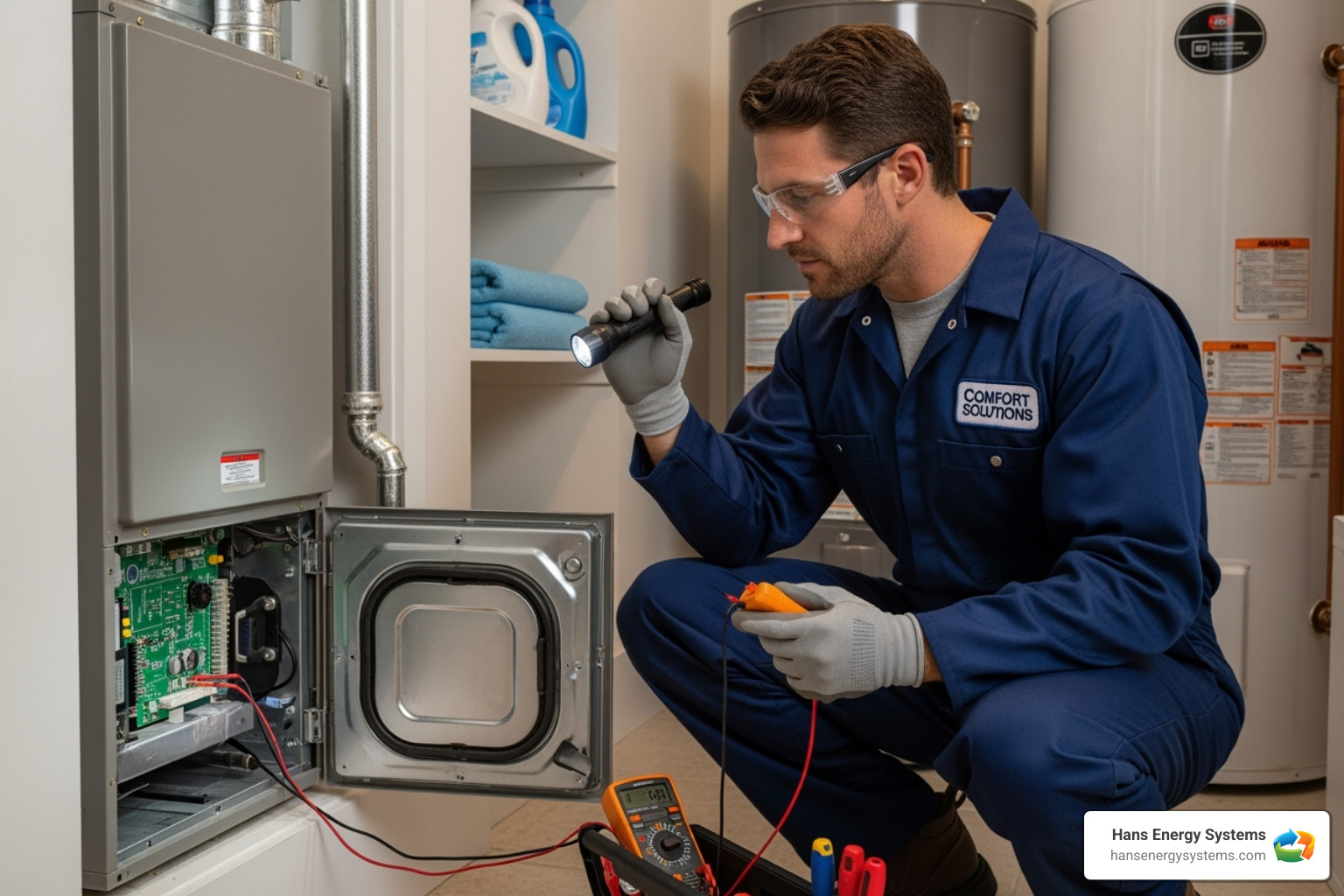 Technician inspecting an indoor furnace unit - San Diego HVAC services