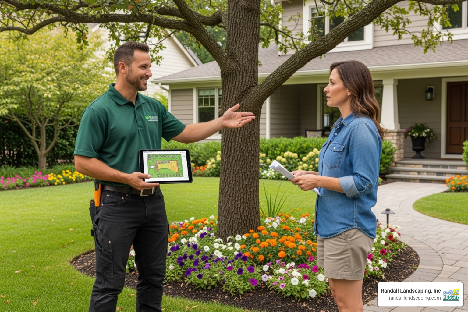 a friendly landscaper providing a quote to a homeowner - sod installation near me