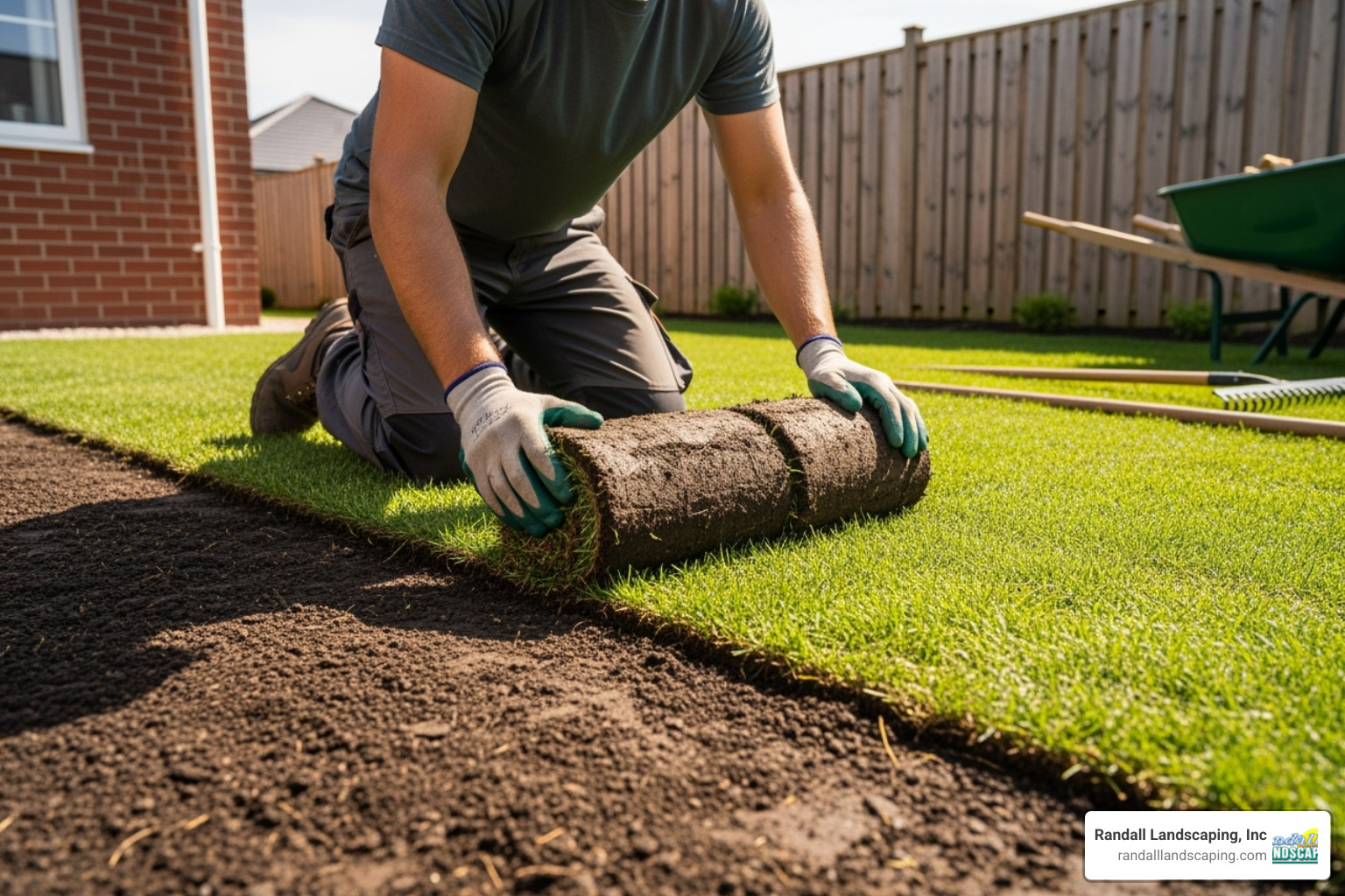 a landscaper carefully laying a roll of sod - sod installation near me