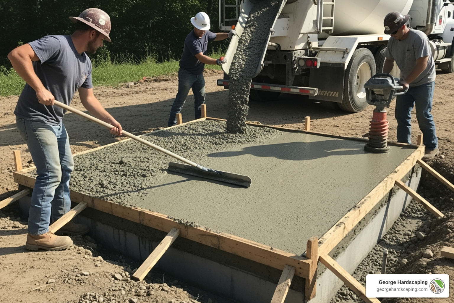 solid concrete foundation for a fireplace being poured and leveled; North Shore MA project; keyword: how to build an outdoor fireplace