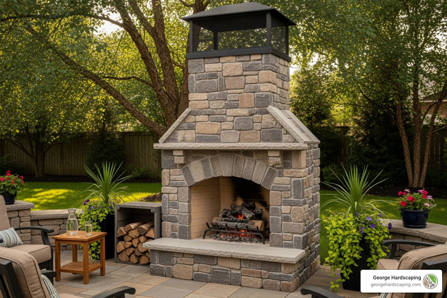 completed outdoor fireplace with a chimney cap and spark arrestor clearly visible; Essex County home; keyword: how to build an outdoor fireplace