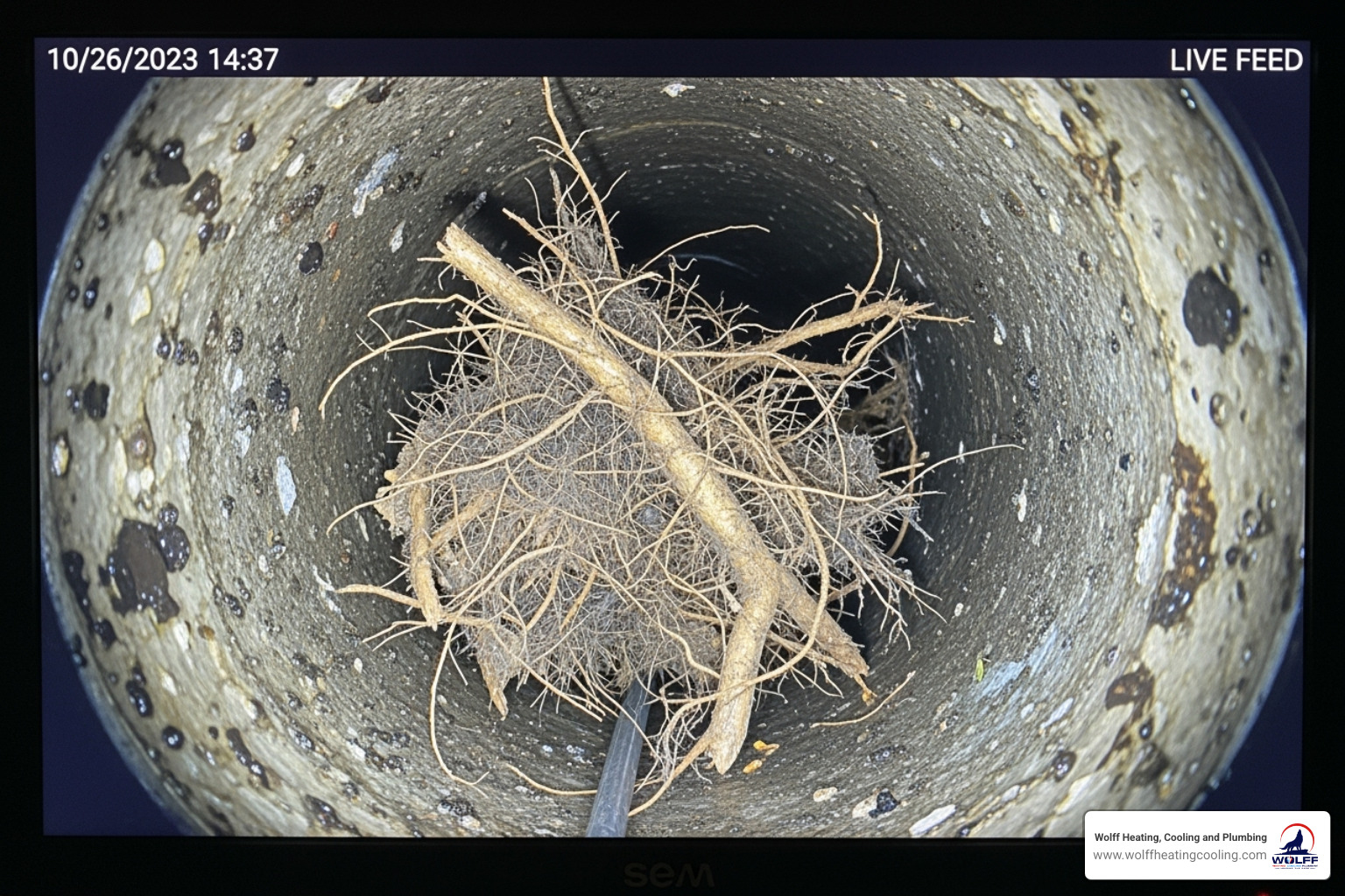 A plumbing video camera inspection screen showing the inside of a pipe with a blockage - drain cleaning service placitas A plumbing video camera inspection screen showing the inside of a pipe with a blockage - drain cleaning service placitas