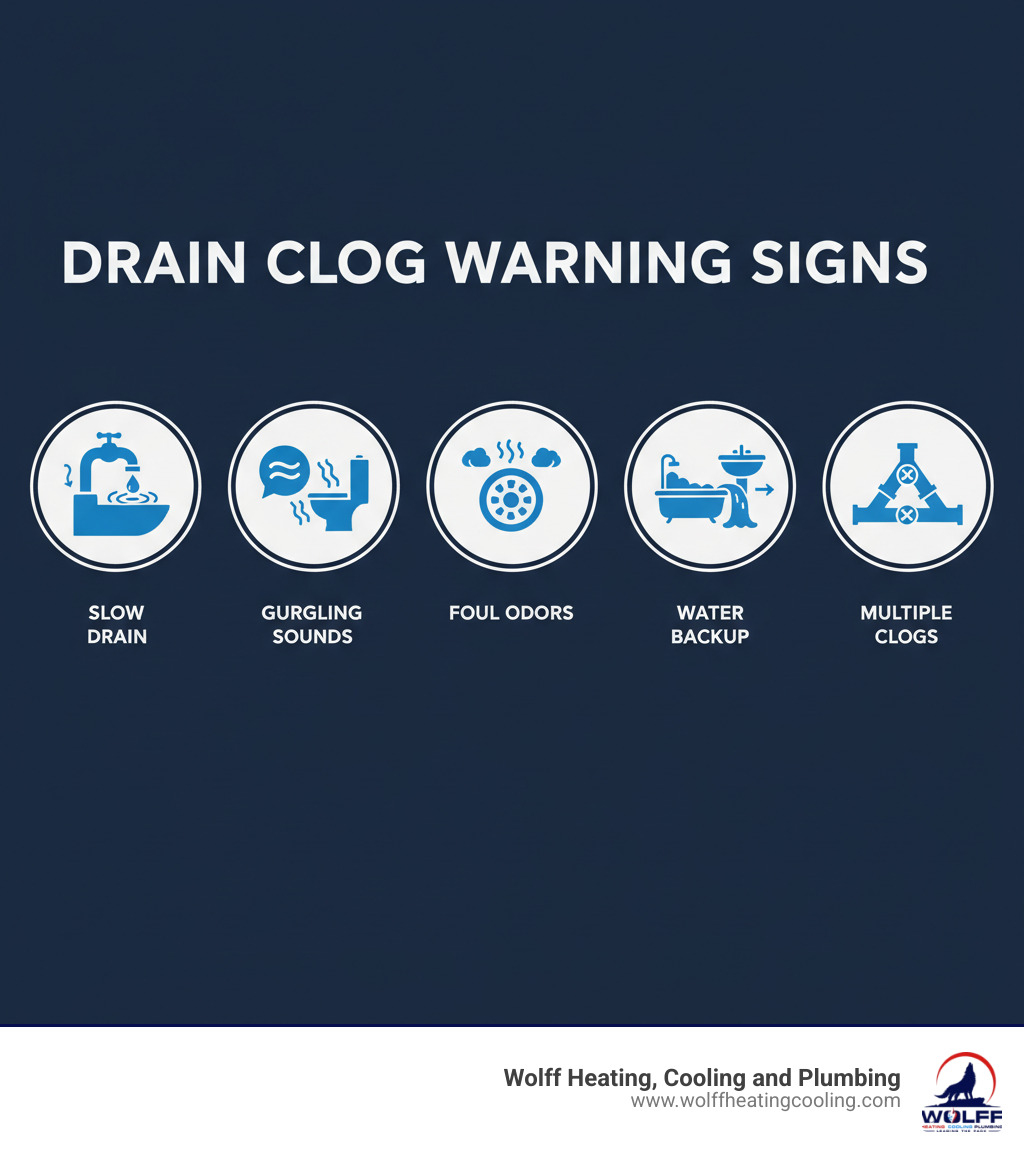 Infographic showing common signs of drain clogs including slow drainage, gurgling sounds, foul odors, water backup in fixtures, and multiple simultaneous clogs with visual indicators for each warning sign - drain cleaning service placitas infographic  Infographic showing common signs of drain clogs including slow drainage, gurgling sounds, foul odors, water backup in fixtures, and multiple simultaneous clogs with visual indicators for each warning sign - drain cleaning service placitas infographic