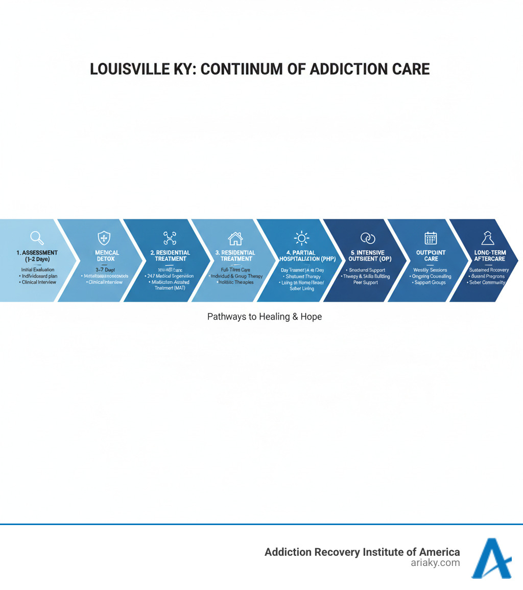 Comprehensive infographic showing the continuum of addiction treatment care in Louisville KY, from initial assessment through medical detox, residential treatment, partial hospitalization, intensive outpatient programs, regular outpatient care, and long-term aftercare support, with typical timeframes and key components for each level - rehab centers in louisville ky infographic 