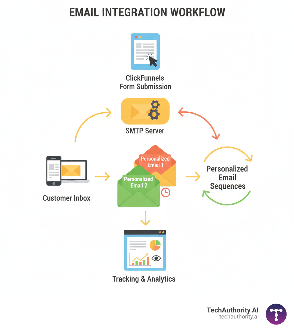 Comprehensive workflow showing ClickFunnels form submission triggering SMTP server to deliver personalized email sequences to customer inbox with tracking analytics - clickfunnels email integration infographic Comprehensive workflow showing ClickFunnels form submission triggering SMTP server to deliver personalized email sequences to customer inbox with tracking analytics - clickfunnels email integration infographic
