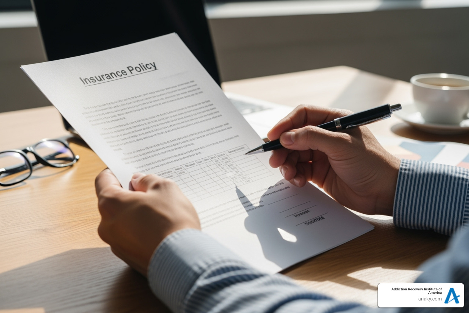 A person's hands holding and reviewing an insurance document with a pen, indicating the process of checking coverage for treatment - rehab centers in louisville ky