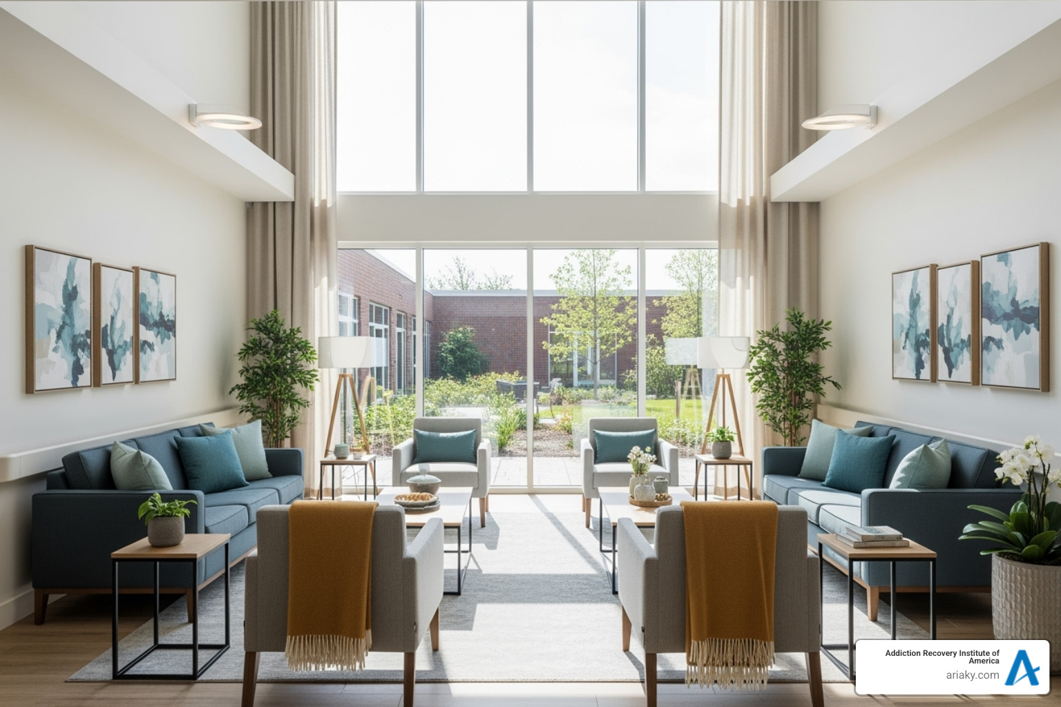 A bright, clean, and welcoming common area or lounge within a rehab facility, featuring comfortable seating and natural light, suggesting a supportive environment for recovery - rehab centers in louisville ky