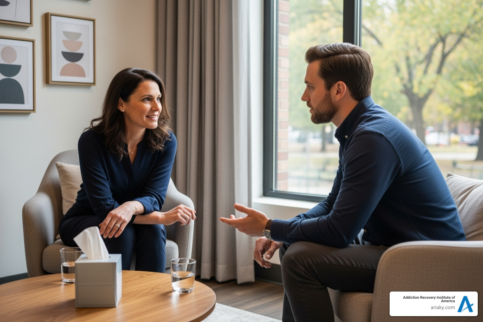 A serene image of two people, a therapist and a patient, engaged in a focused, empathetic one-on-one therapy session - rehab centers in louisville ky