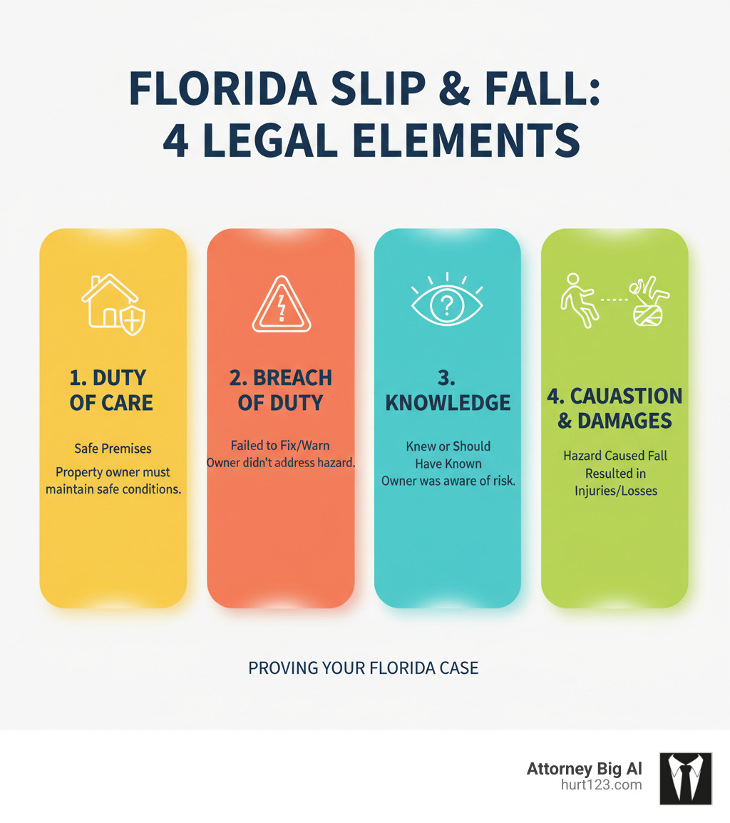 Infographic showing the four key elements required to prove a Florida slip and fall case: 1) Duty of Care - Property owner must maintain safe premises, 2) Breach of Duty - Owner failed to fix or warn about dangerous conditions, 3) Actual/Constructive Knowledge - Owner knew or should have known about the hazard, and 4) Causation and Damages - The condition caused your fall and resulted in injuries - Florida slip and fall infographic 