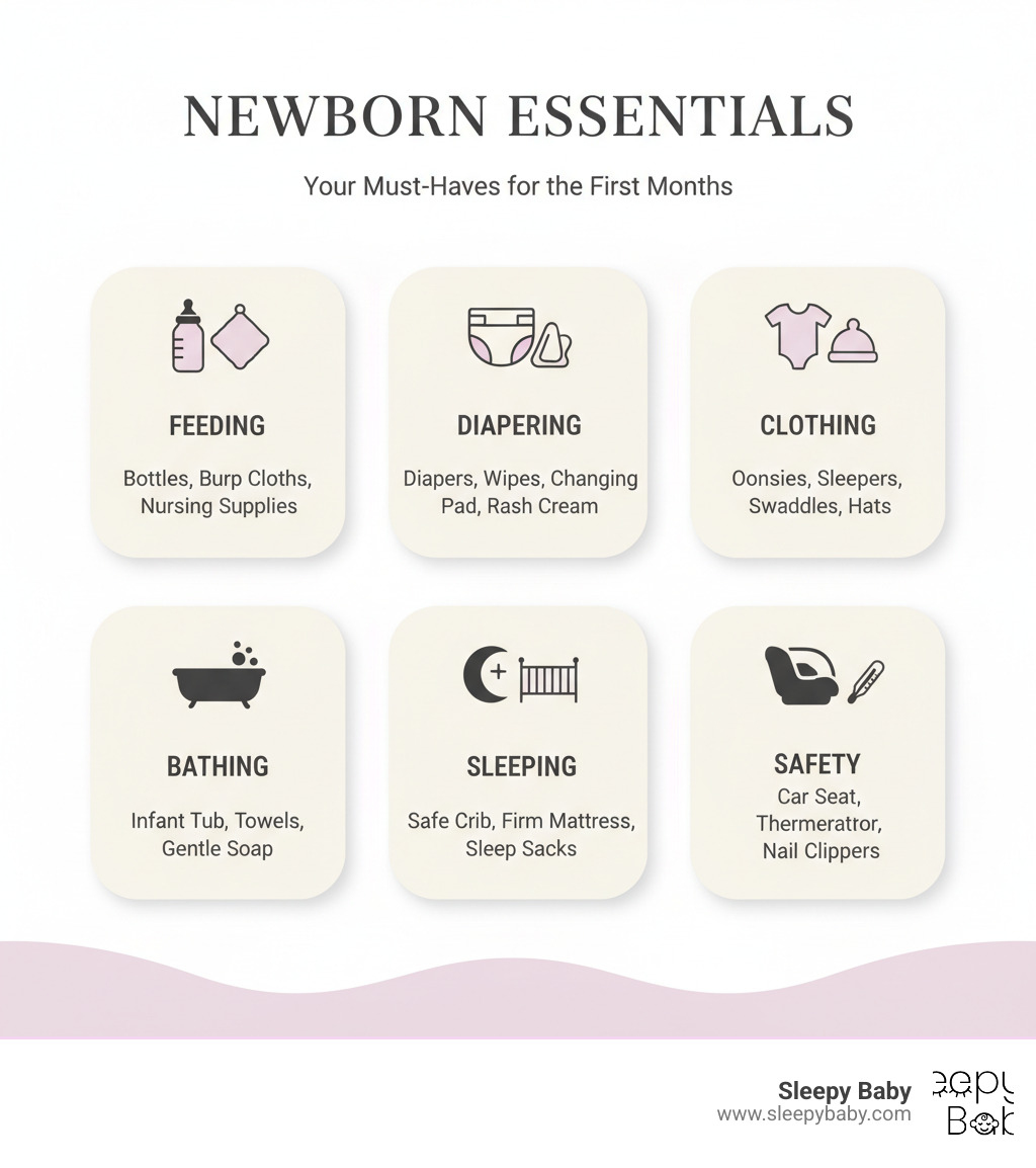 Infographic showing newborn essentials organized into six categories: Feeding (bottles, burp cloths, nursing supplies), Diapering (diapers, wipes, changing pad, rash cream), Clothing (onesies, sleepers, swaddles, hats), Bathing (infant tub, towels, gentle soap), Sleeping (safe crib, firm mattress, sleep sacks), and Safety (car seat, thermometer, nail clippers) - must haves for a new born infographic  Infographic showing newborn essentials organized into six categories: Feeding (bottles, burp cloths, nursing supplies), Diapering (diapers, wipes, changing pad, rash cream), Clothing (onesies, sleepers, swaddles, hats), Bathing (infant tub, towels, gentle soap), Sleeping (safe crib, firm mattress, sleep sacks), and Safety (car seat, thermometer, nail clippers) - must haves for a new born infographic