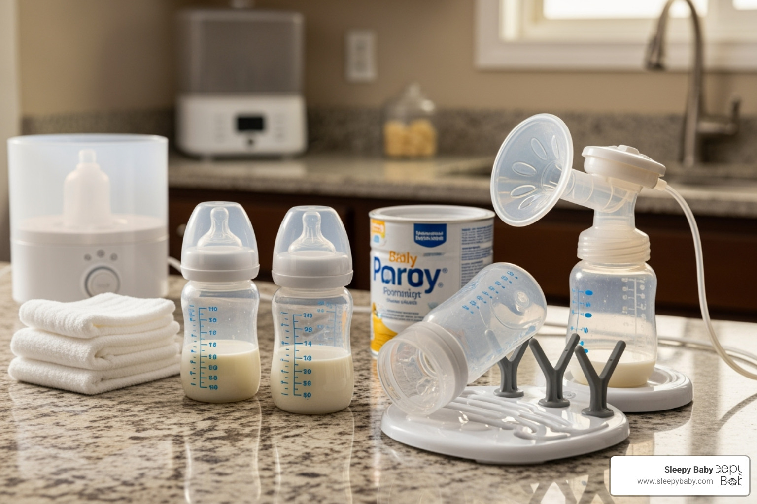 A well-organized feeding station with bottles, a breast pump, and burp cloths neatly arranged on a counter - must haves for a new born A well-organized feeding station with bottles, a breast pump, and burp cloths neatly arranged on a counter - must haves for a new born