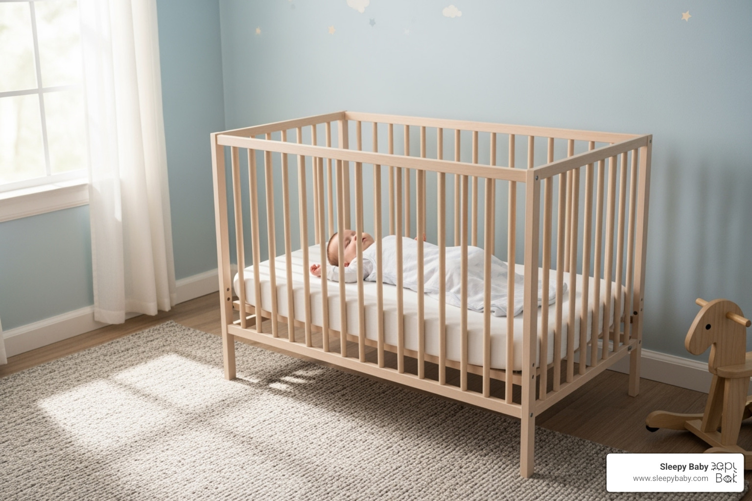 A serene, safe nursery with a bare crib, a fitted sheet, and a baby sleeping soundly in a sleep sack - must haves for a new born A serene, safe nursery with a bare crib, a fitted sheet, and a baby sleeping soundly in a sleep sack - must haves for a new born