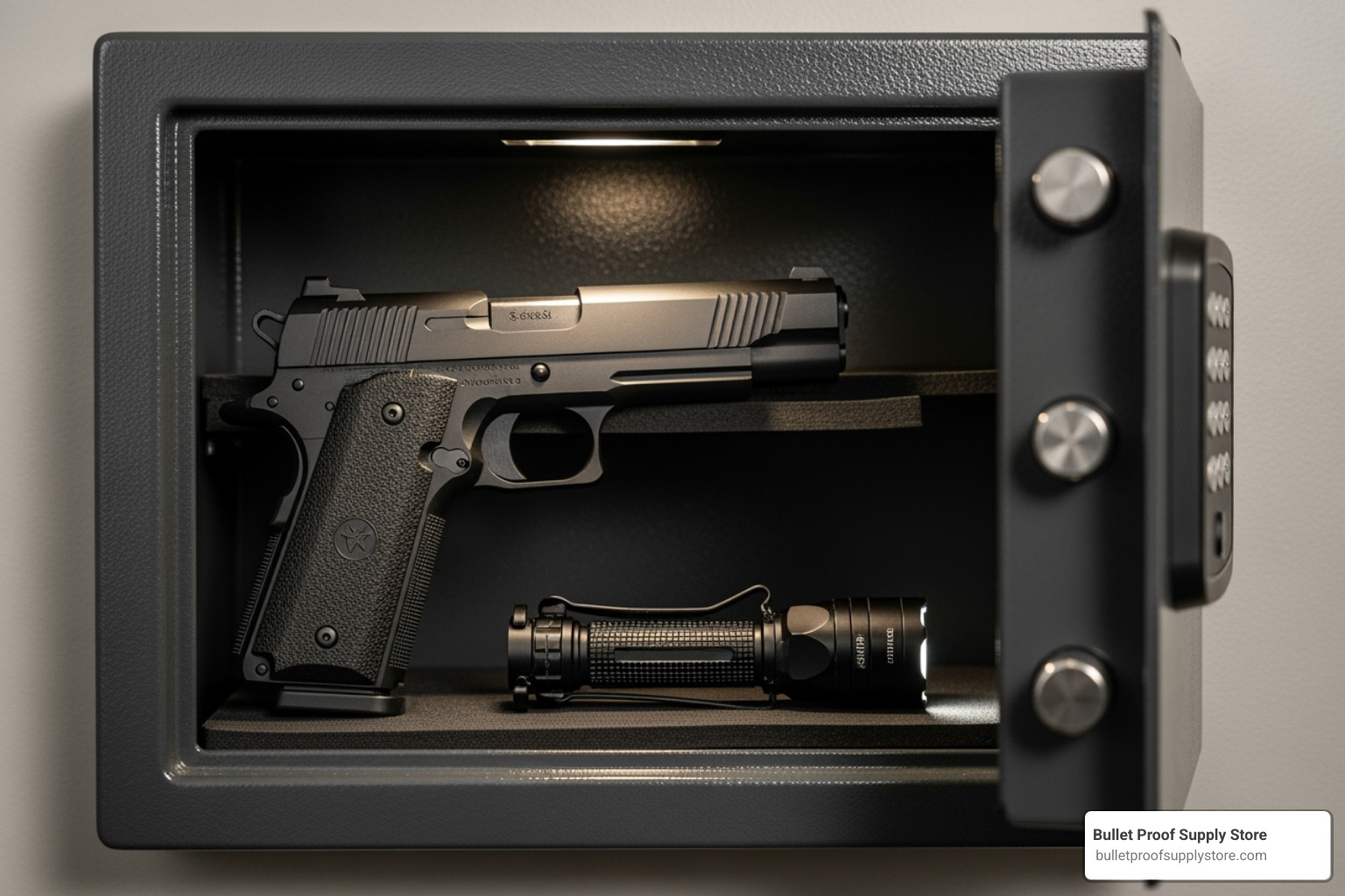 quick-access safe with a handgun and flashlight - Home defense gear