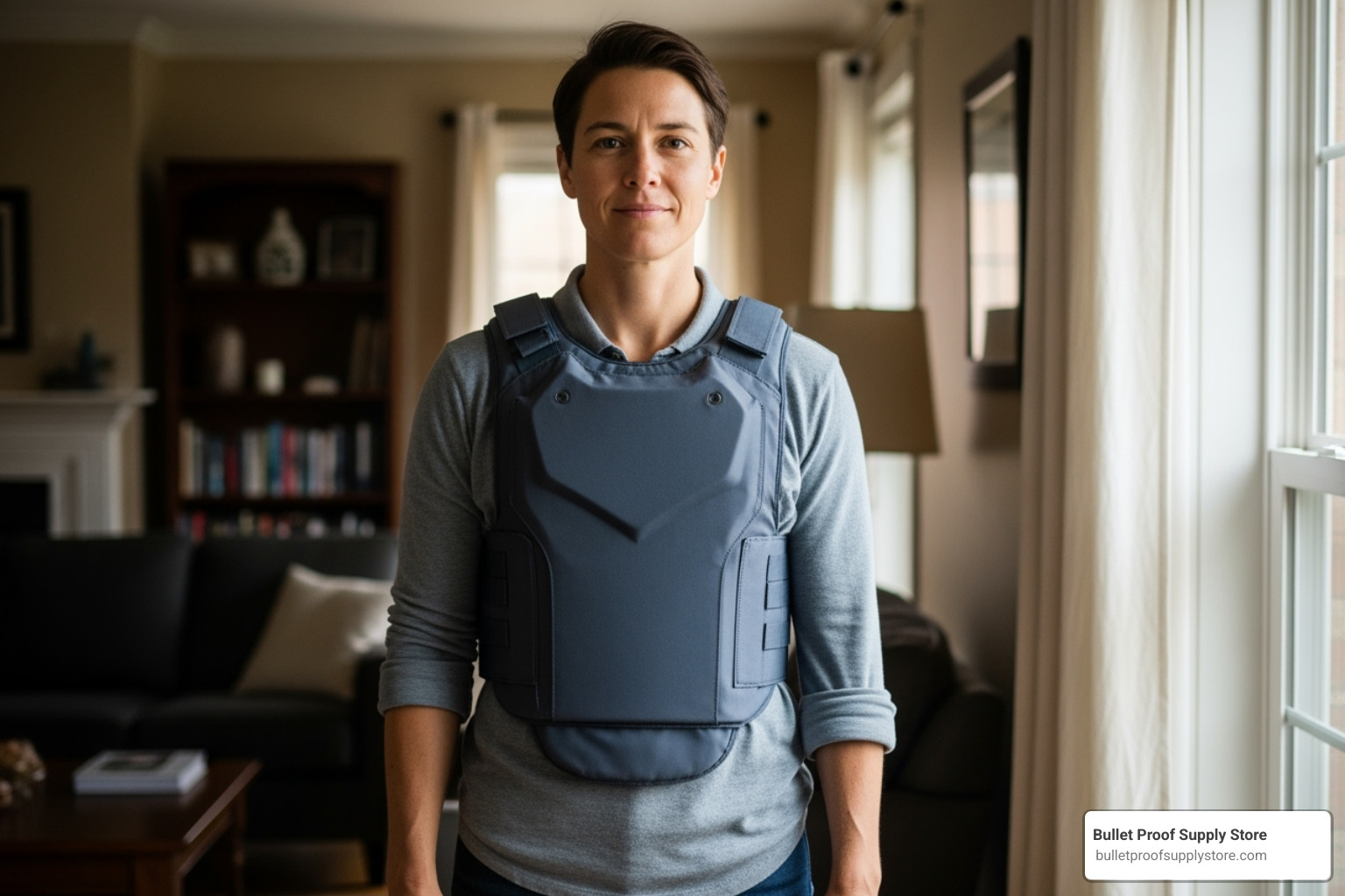 a person wearing a discreet bulletproof vest at home - Home defense gear