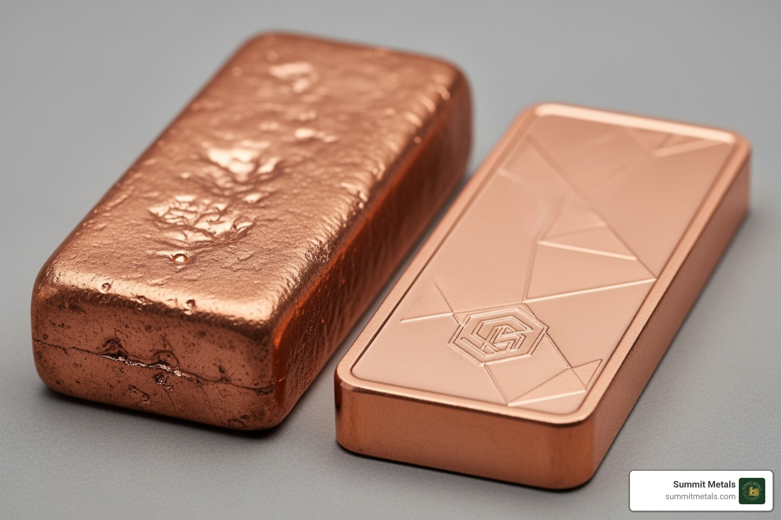 Side-by-side comparison of a cast copper bar and a minted copper bar - copper bars Side-by-side comparison of a cast copper bar and a minted copper bar - copper bars