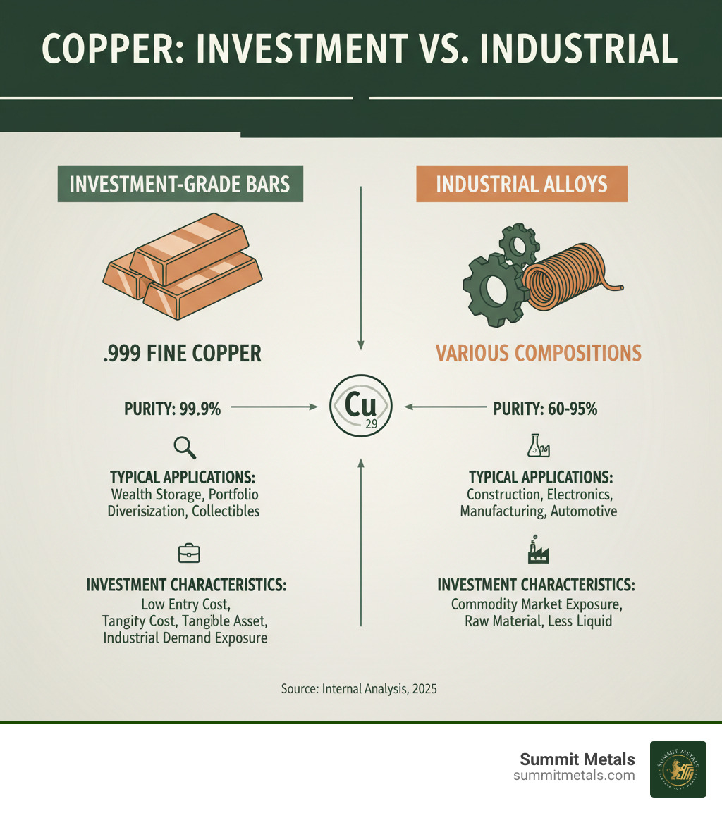Infographic showing comparison between investment-grade .999 fine copper bars versus industrial copper alloys, including purity levels, typical applications, and investment characteristics - copper bars infographic Infographic showing comparison between investment-grade .999 fine copper bars versus industrial copper alloys, including purity levels, typical applications, and investment characteristics - copper bars infographic