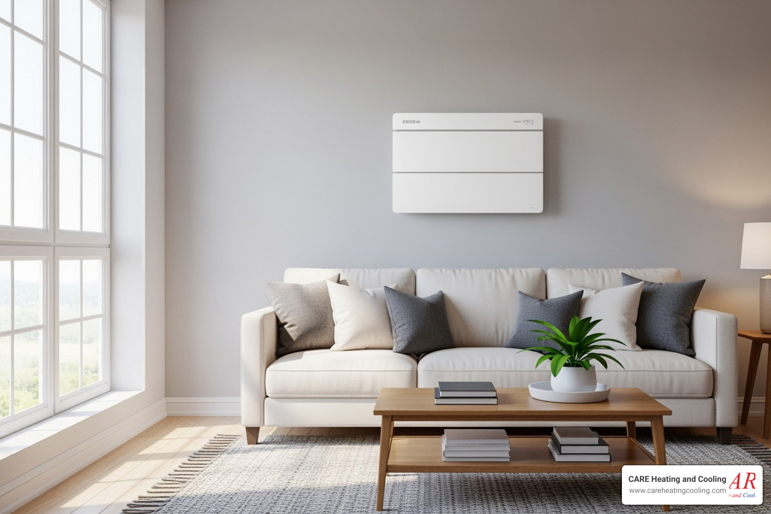 sleek, wall-mounted ductless mini-split unit in a living room - air source heat pump westerville