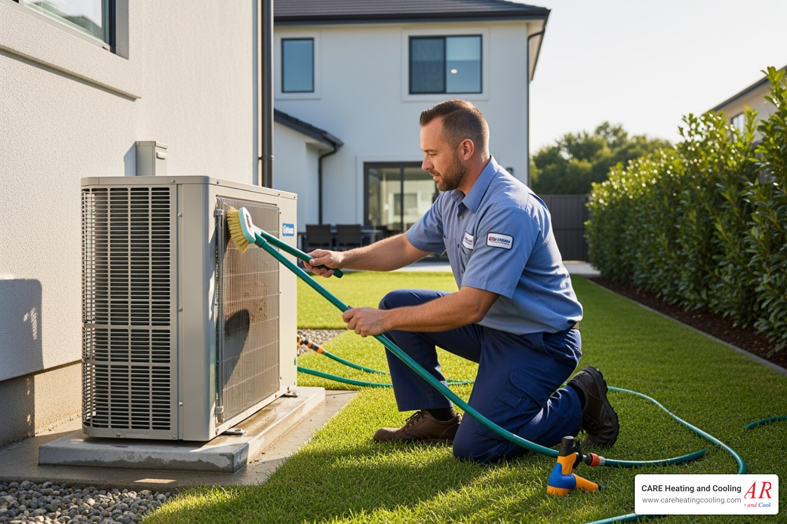 technician cleaning an outdoor heat pump coil - air source heat pump westerville
