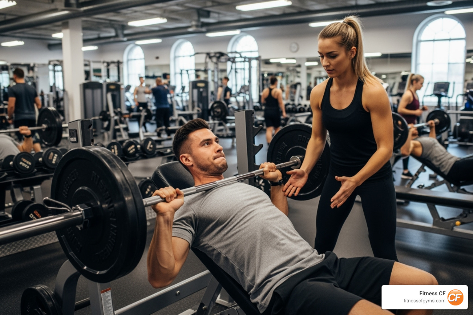 two people spotting each other during a strength training workout - health and fitness community two people spotting each other during a strength training workout - health and fitness community