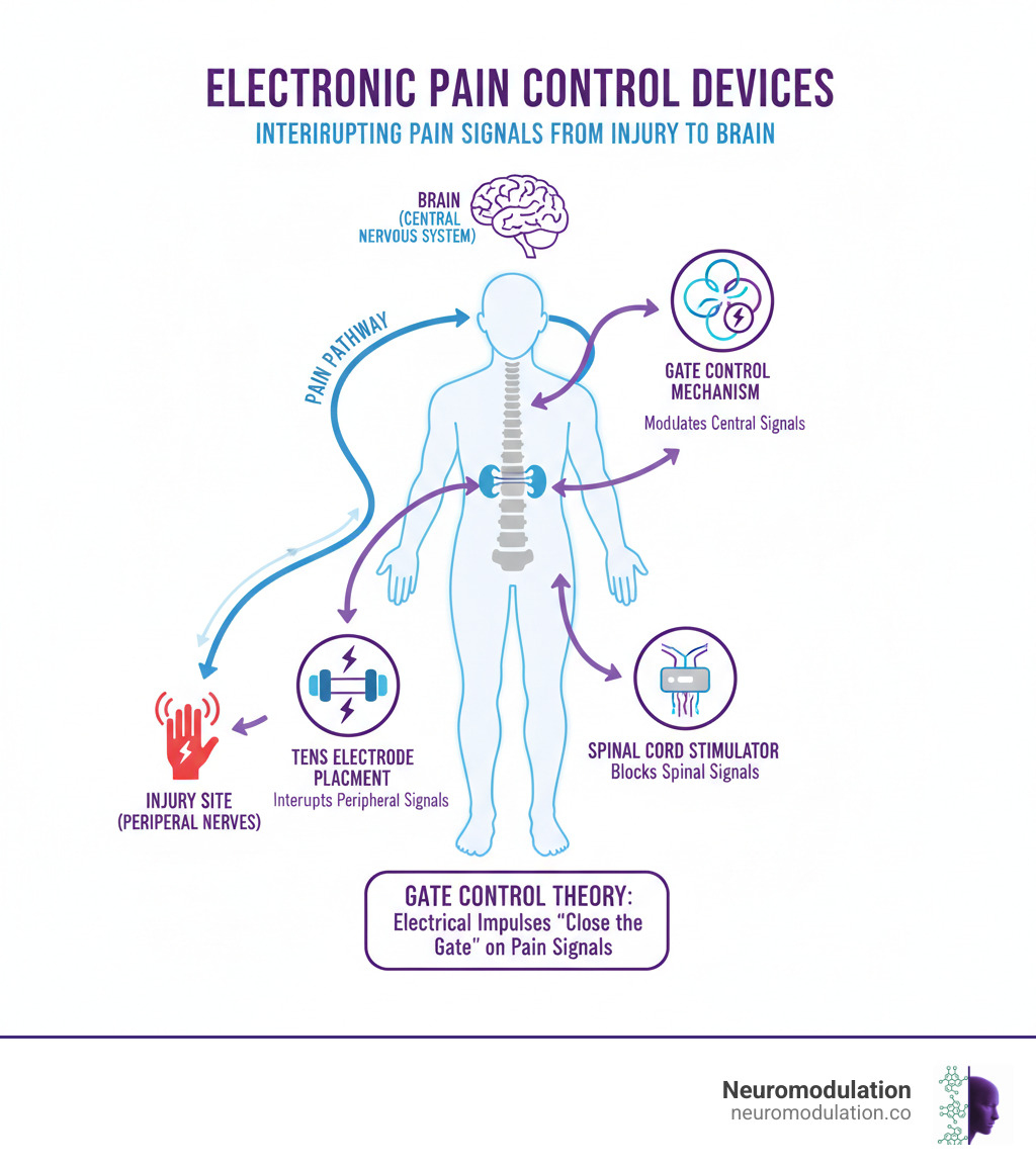 Comprehensive infographic showing the pain pathway from injury site to brain, illustrating how electronic pain control devices interrupt signals at multiple points including peripheral nerves, spinal cord, and central nervous system, with detailed labeling of TENS electrode placement, spinal cord stimulator positioning, and the gate control mechanism - electronic pain control devices infographic 