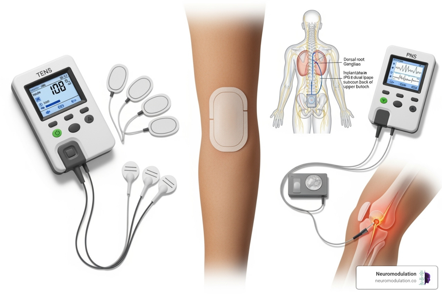 Different types of electronic pain control devices, including a compact TENS unit with electrodes, a wearable patch device, a diagram of a spinal cord stimulator implant, and a peripheral nerve stimulator system - electronic pain control devices