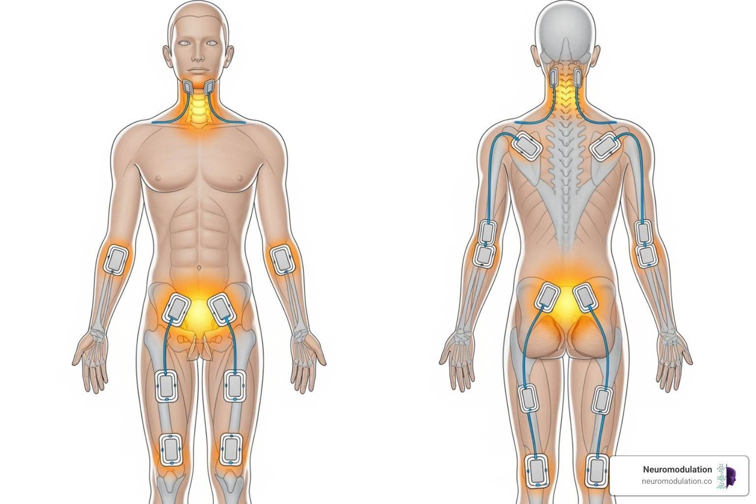 Electrode placement chart for common pain areas: back, neck, shoulders, knees, and elbows, showing optimal positions for pads to bracket the pain or target specific nerves - electronic pain control devices