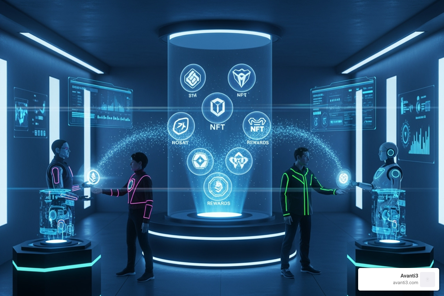 futuristic theme, showing digital assets and rewards being exchanged - gift card incentives for employees