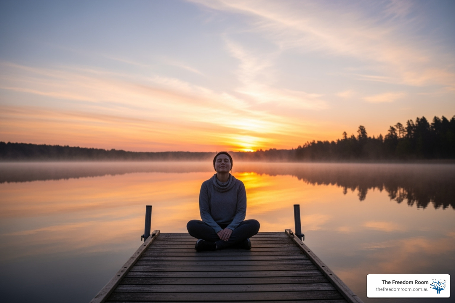 A person sitting peacefully in a natural setting, meditating or enjoying a quiet moment, symbolising calm and healing - Alcohol free life